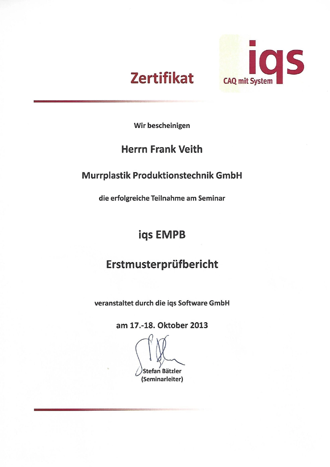 VEITH SCT – Industrie-Consulting – Zertifikat