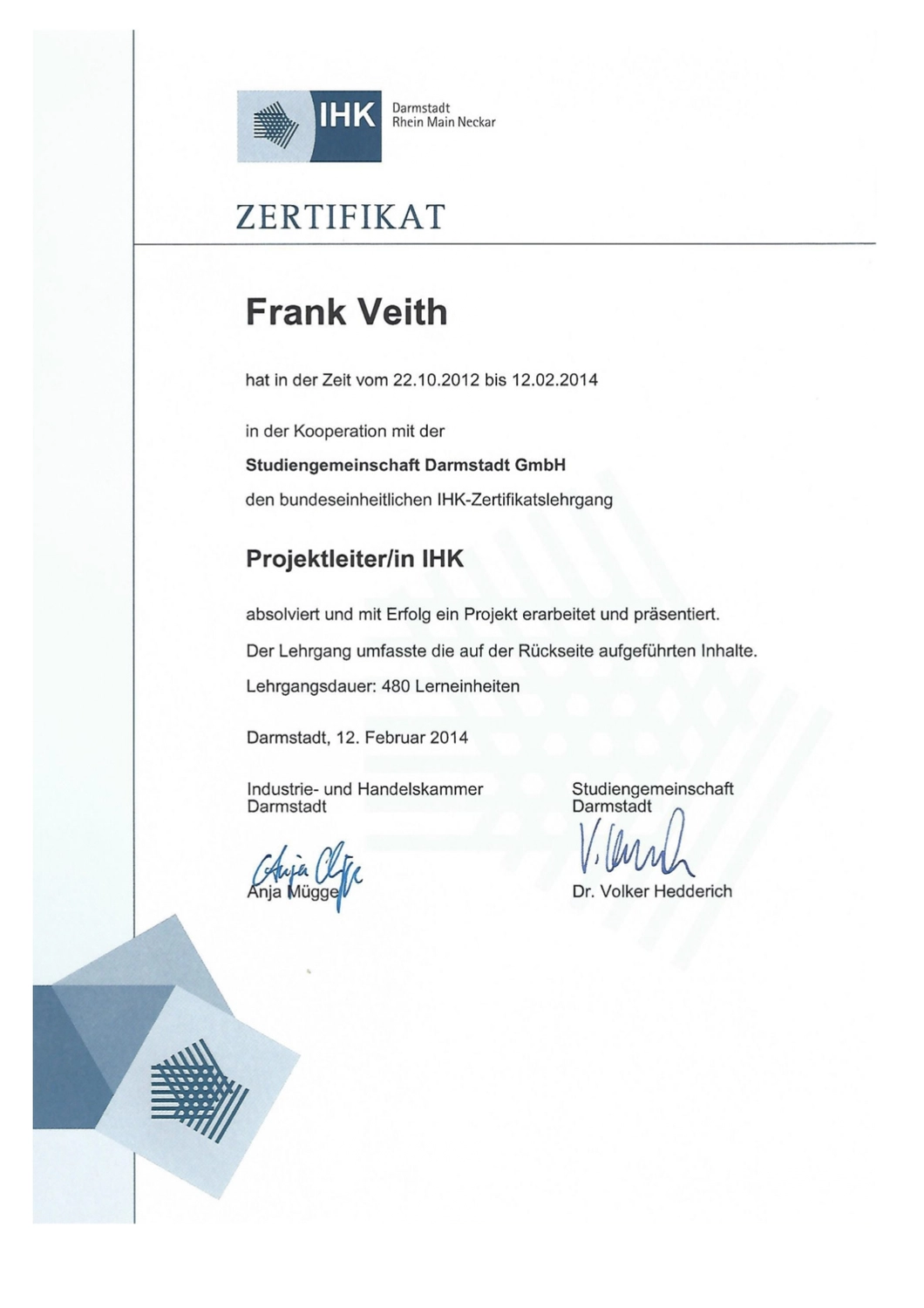 VEITH SCT – Industrie-Consulting – Zertifikat