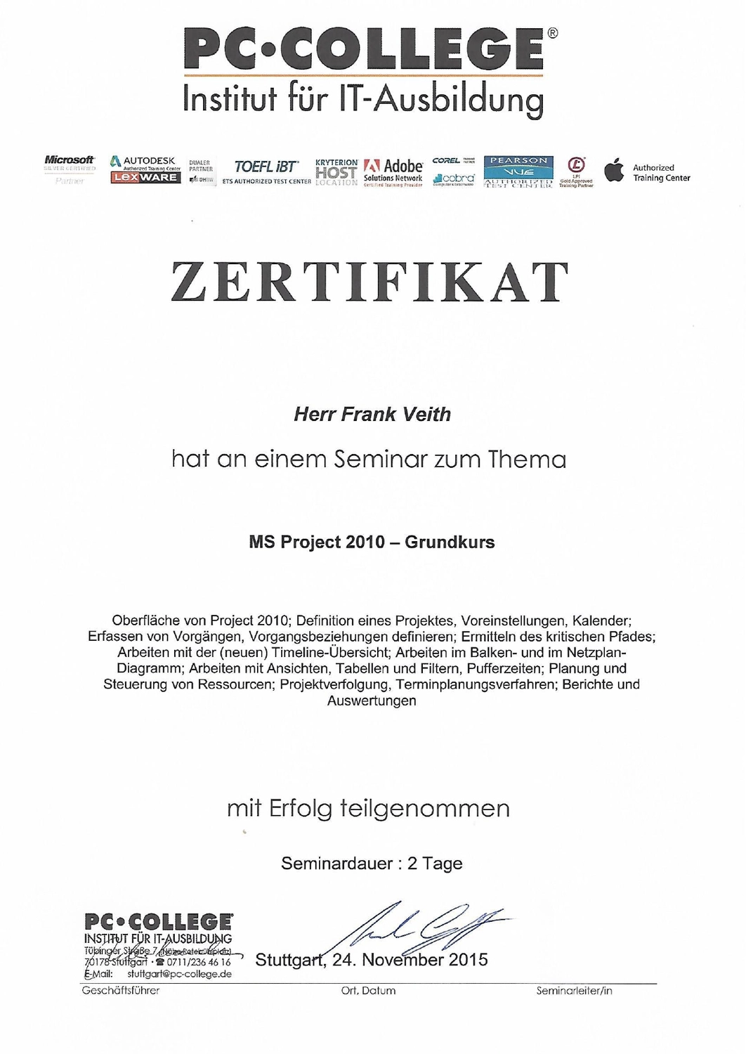VEITH SCT – Industrie-Consulting – Zertifikat