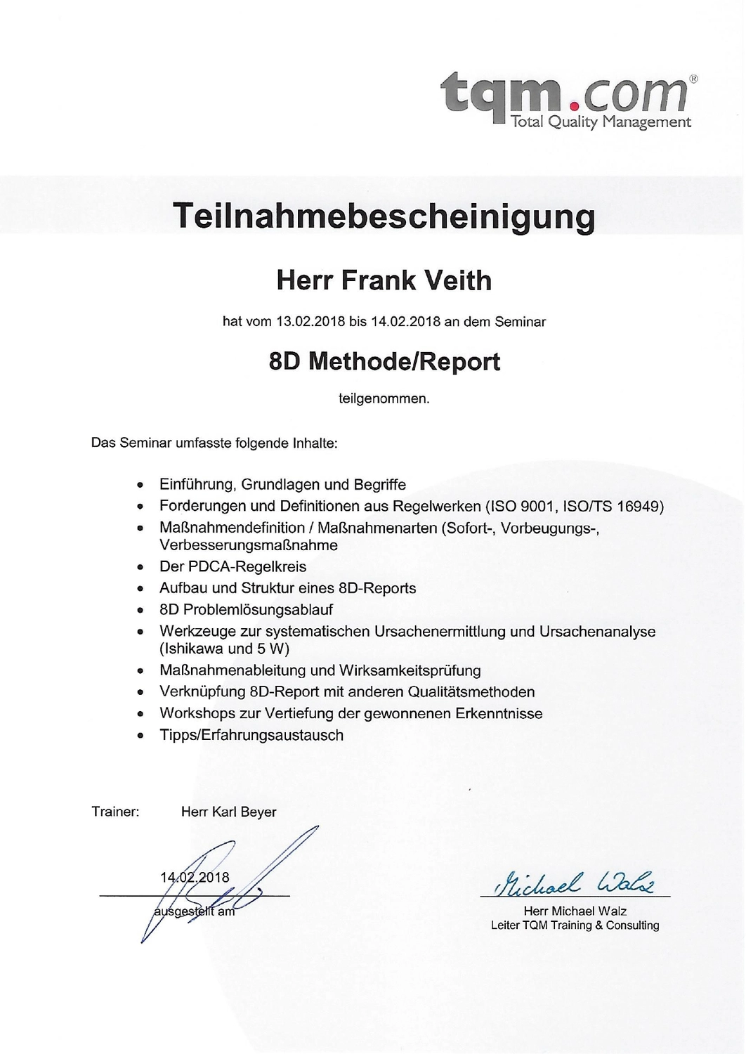 VEITH SCT – Industrie-Consulting – Zertifikat