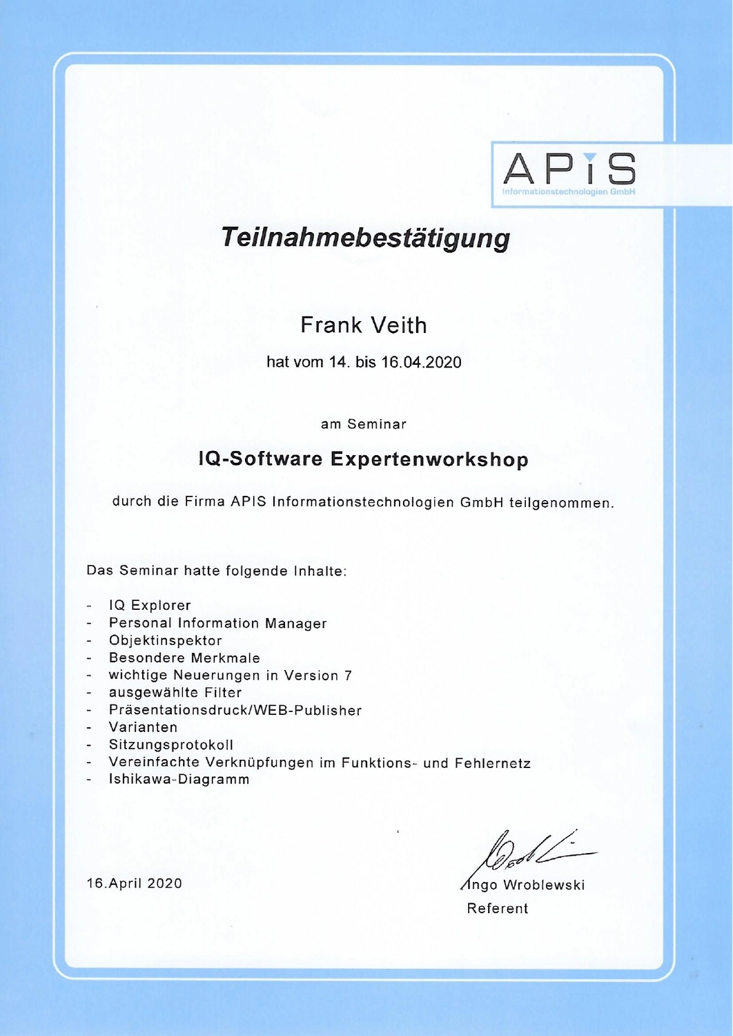 VEITH SCT – Industrie-Consulting – Zertifikat