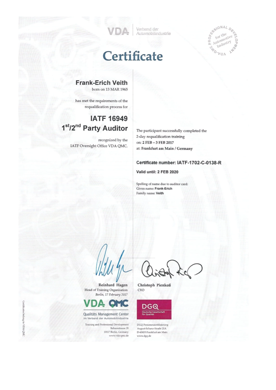 VEITH SCT – Industrie-Consulting – Zertifikat