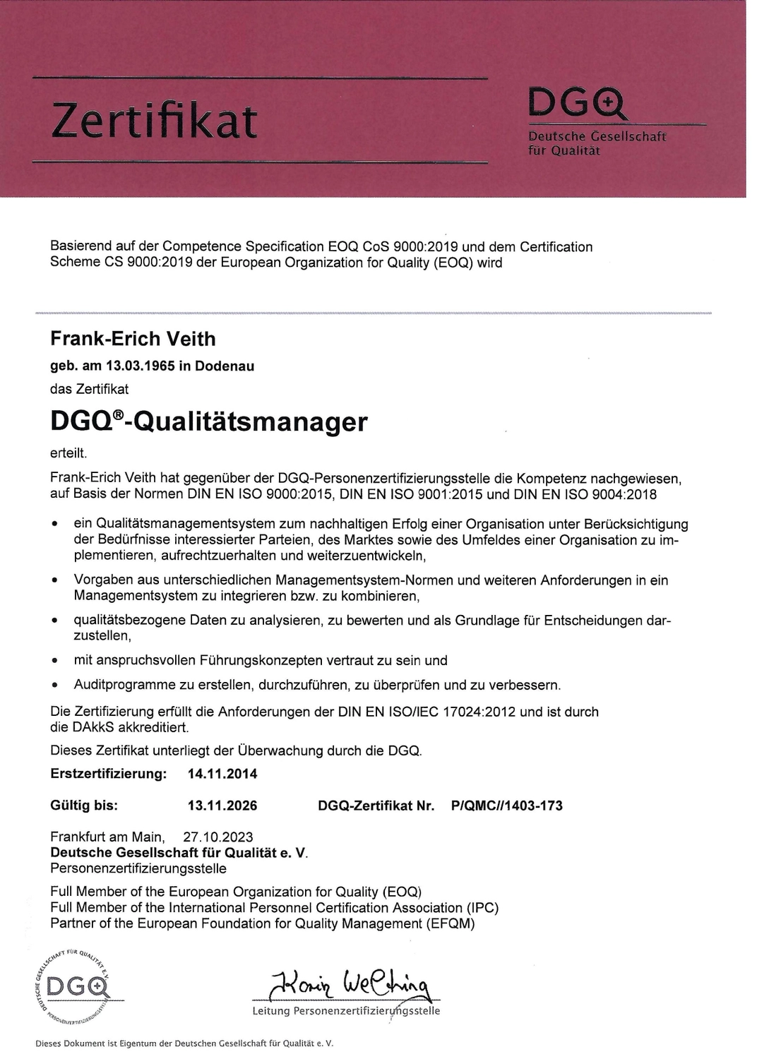 VEITH SCT – Industrie-Consulting – Zertifikat