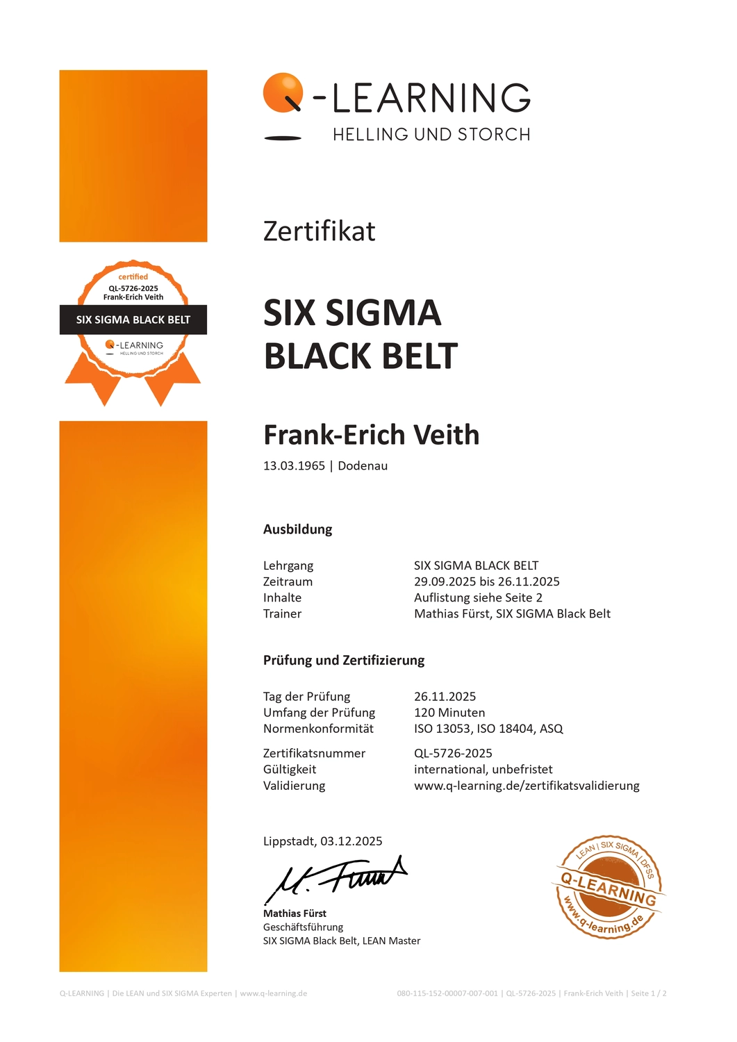 VEITH SCT – Industrie-Consulting – Zertifikat