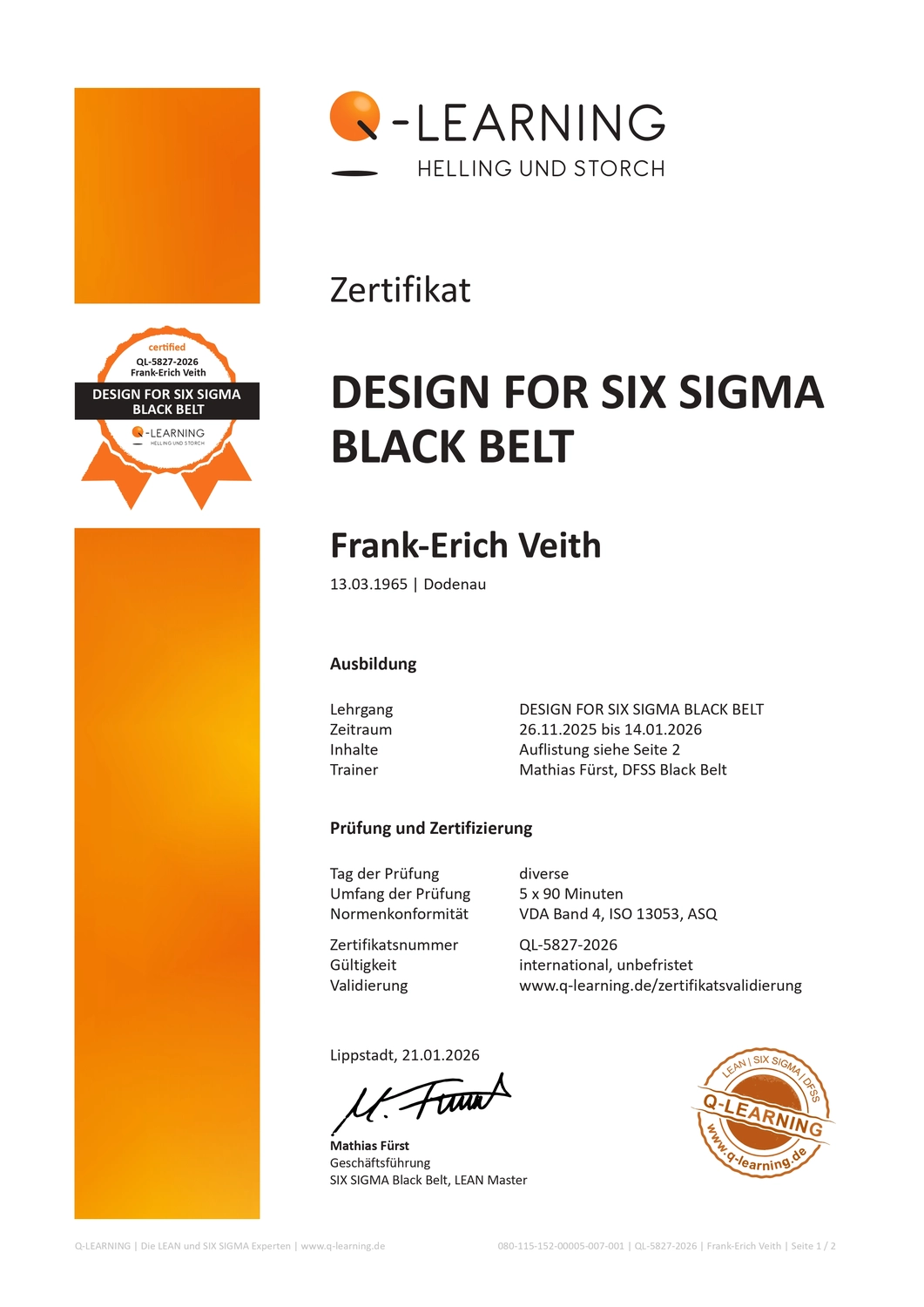 VEITH SCT – Industrie-Consulting – Zertifikat