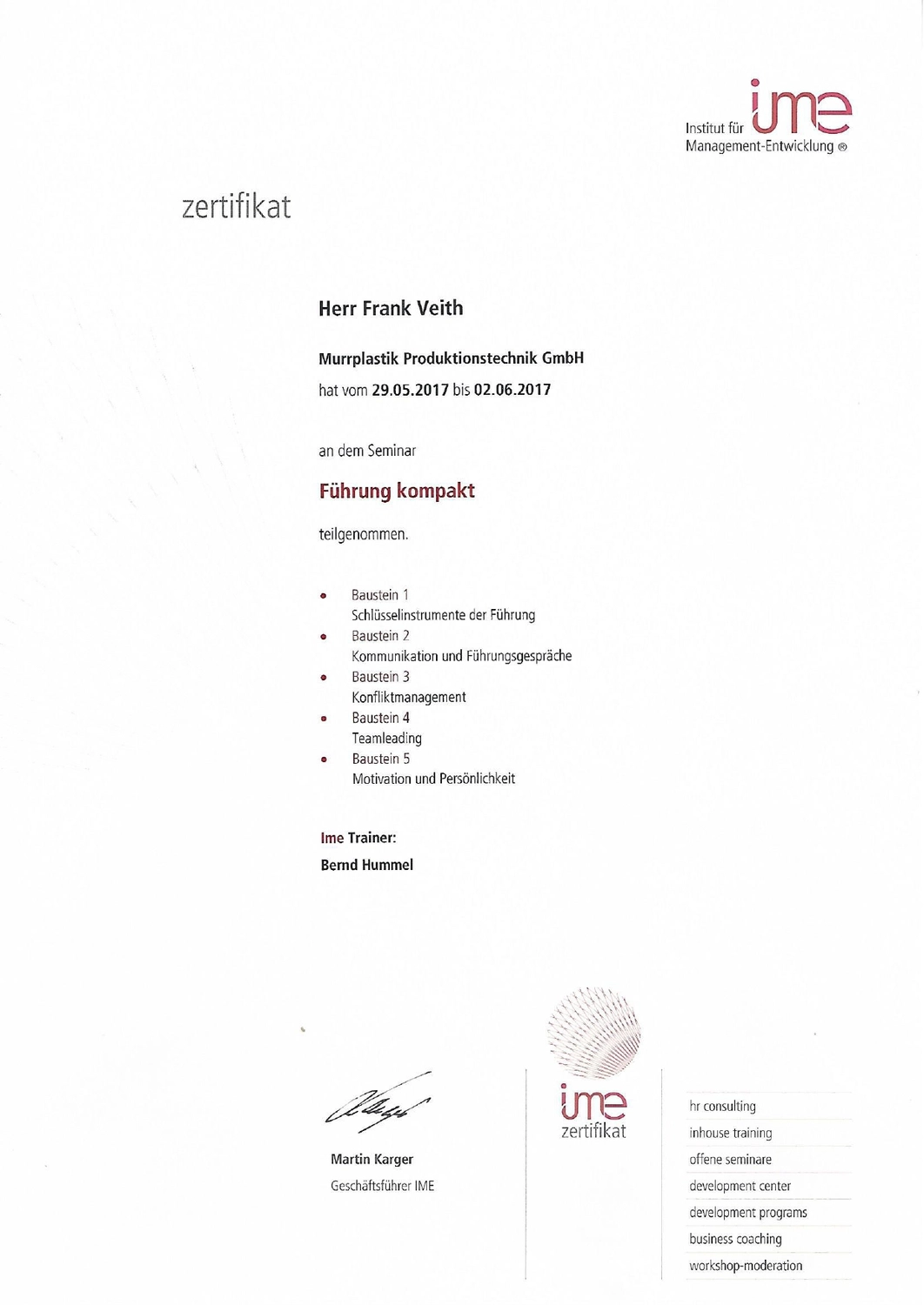 VEITH SCT – Industrie-Consulting – Zertifikat