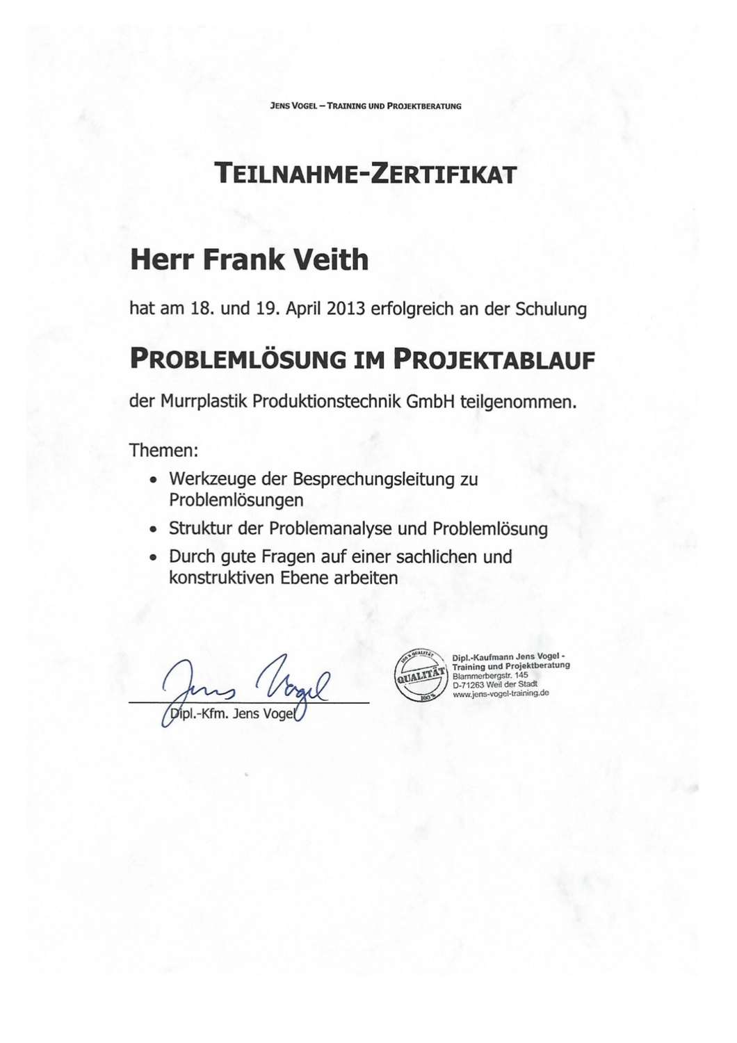 VEITH SCT – Industrie-Consulting – Zertifikat