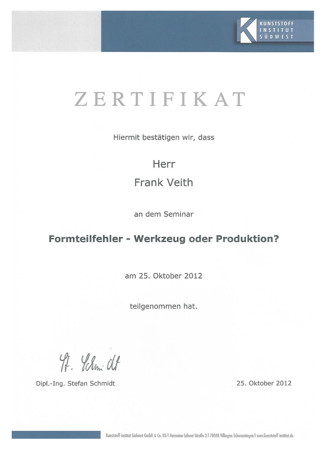 VEITH SCT – Industrie-Consulting – Zertifikat