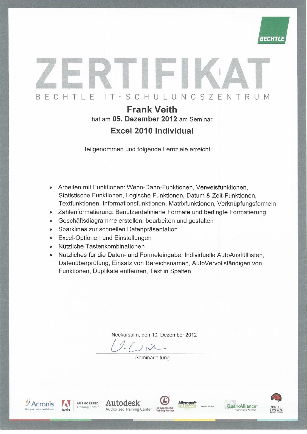 VEITH SCT – Industrie-Consulting – Zertifikat
