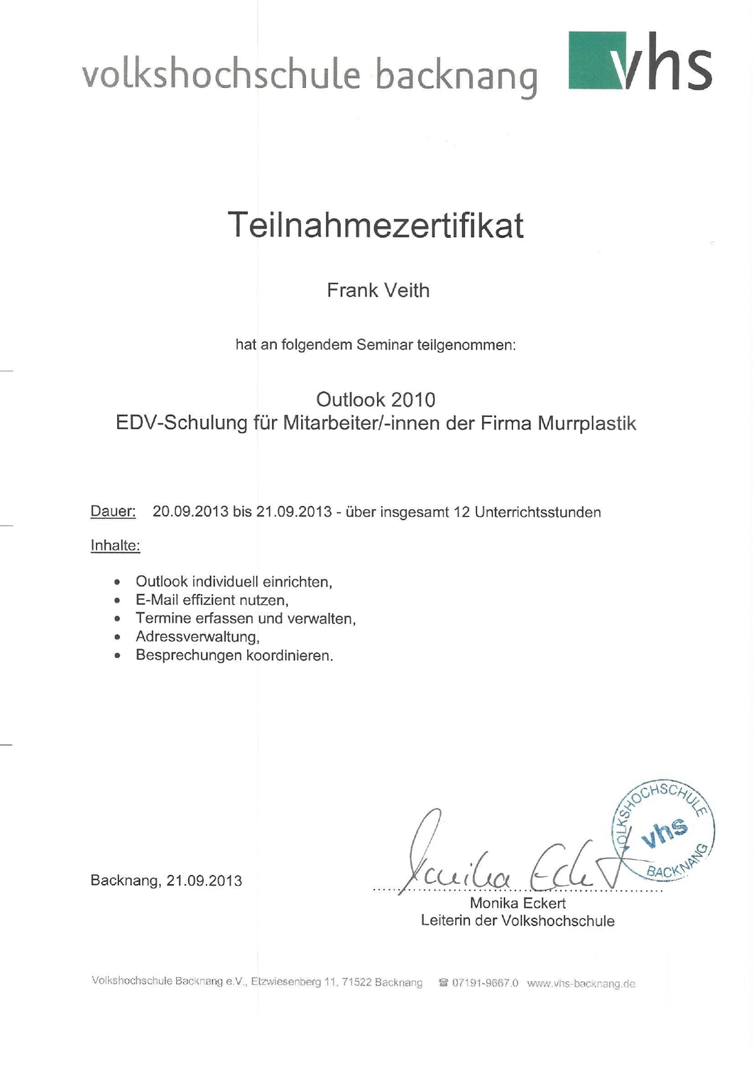 VEITH SCT – Industrie-Consulting – Zertifikat