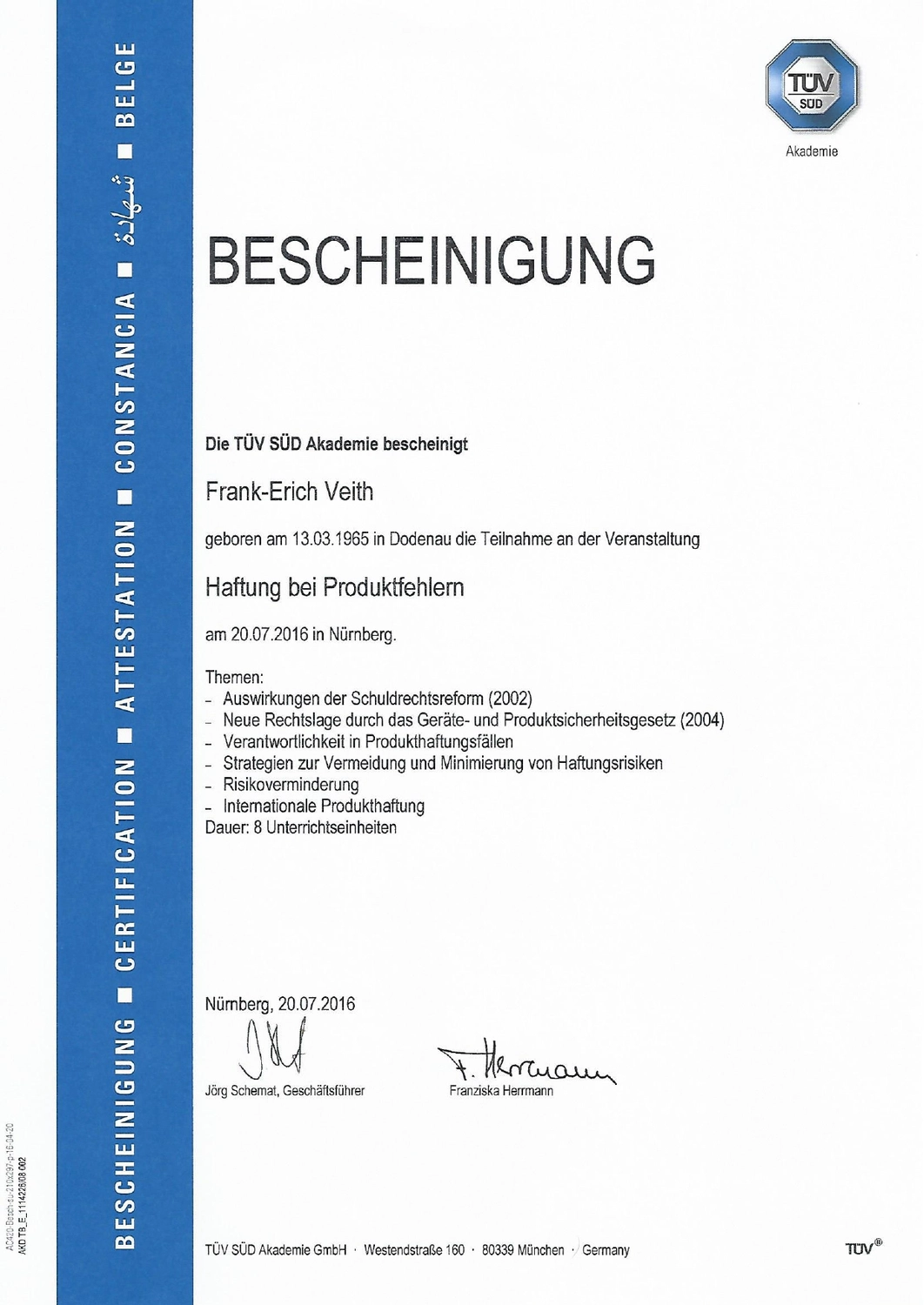 VEITH SCT – Industrie-Consulting – Zertifikat