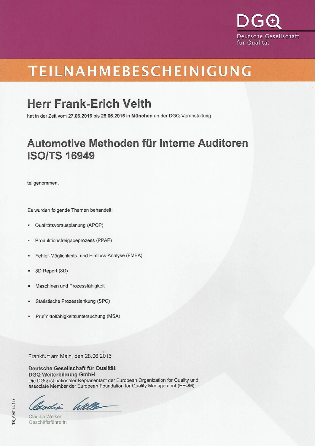 VEITH SCT – Industrie-Consulting – Zertifikat