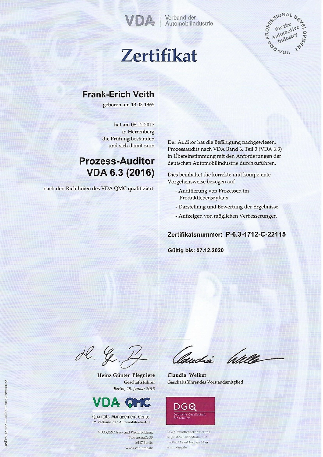 VEITH SCT – Industrie-Consulting – Zertifikat