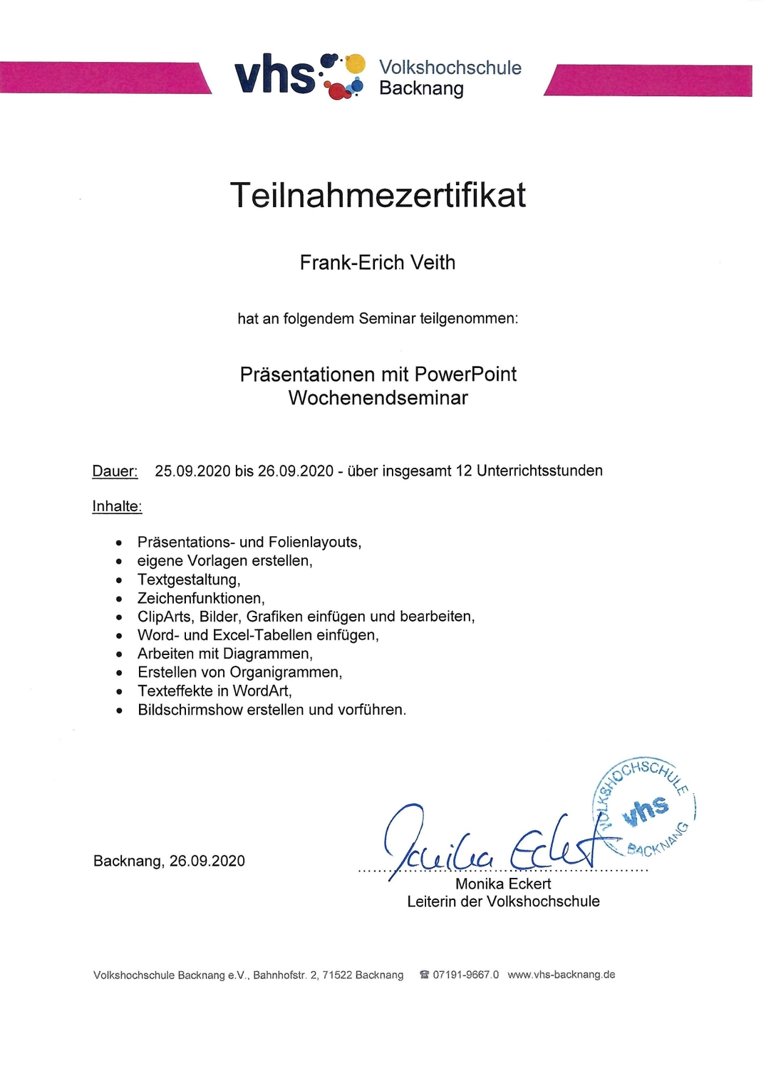 VEITH SCT – Industrie-Consulting – Zertifikat
