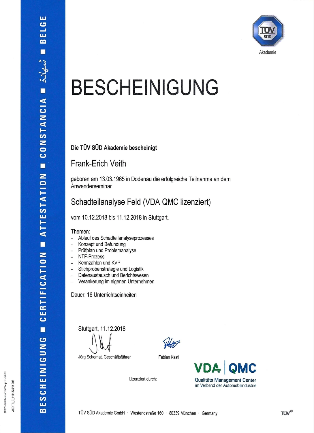 VEITH SCT – Industrie-Consulting – Zertifikat