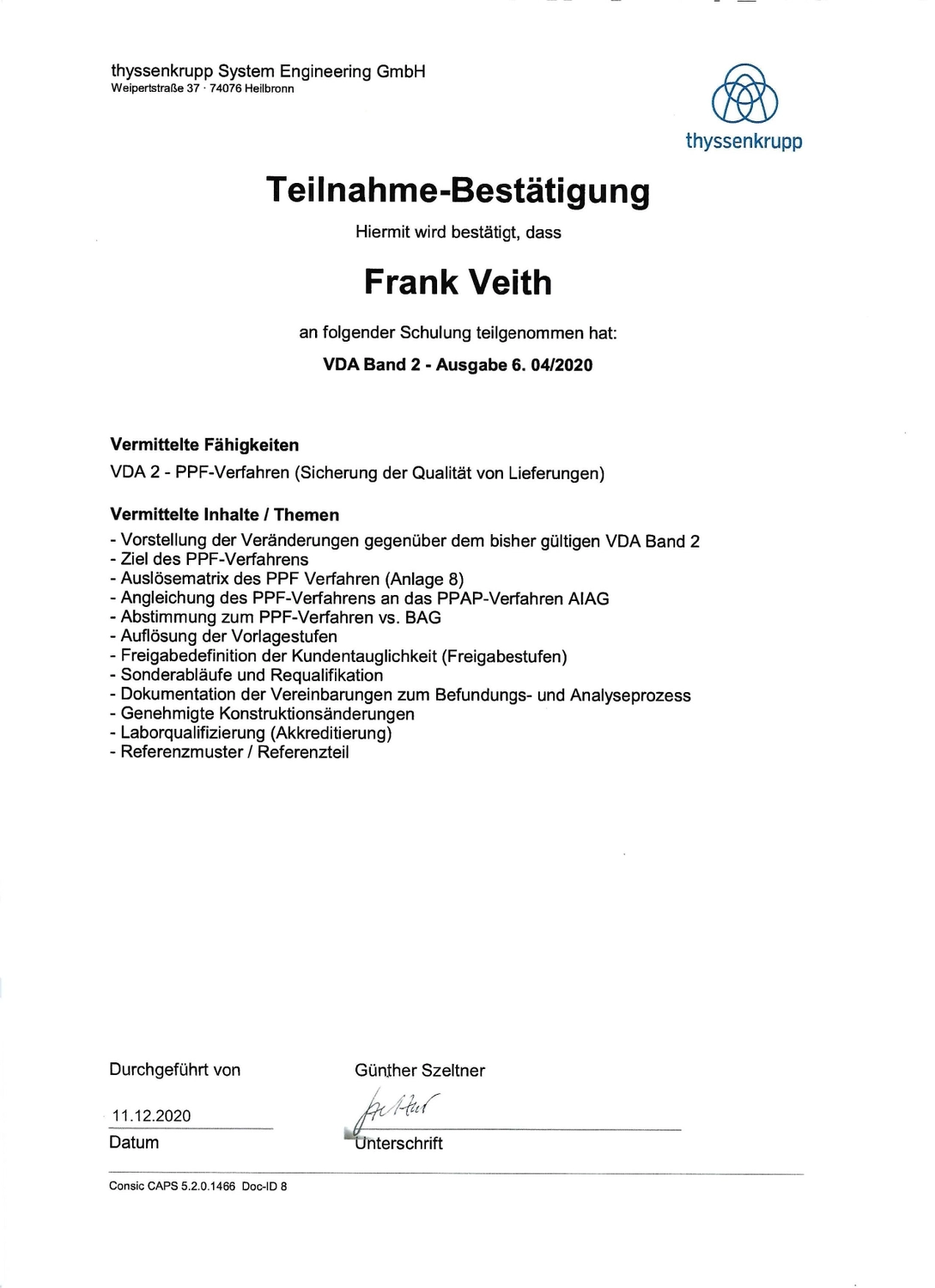 VEITH SCT – Industrie-Consulting – Zertifikat