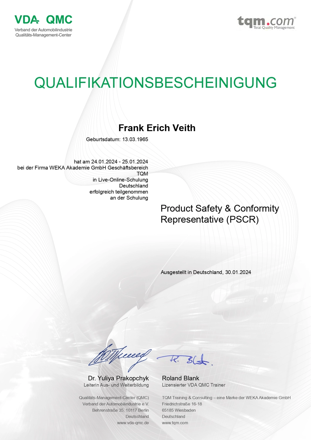 VEITH SCT – Industrie-Consulting – Zertifikat