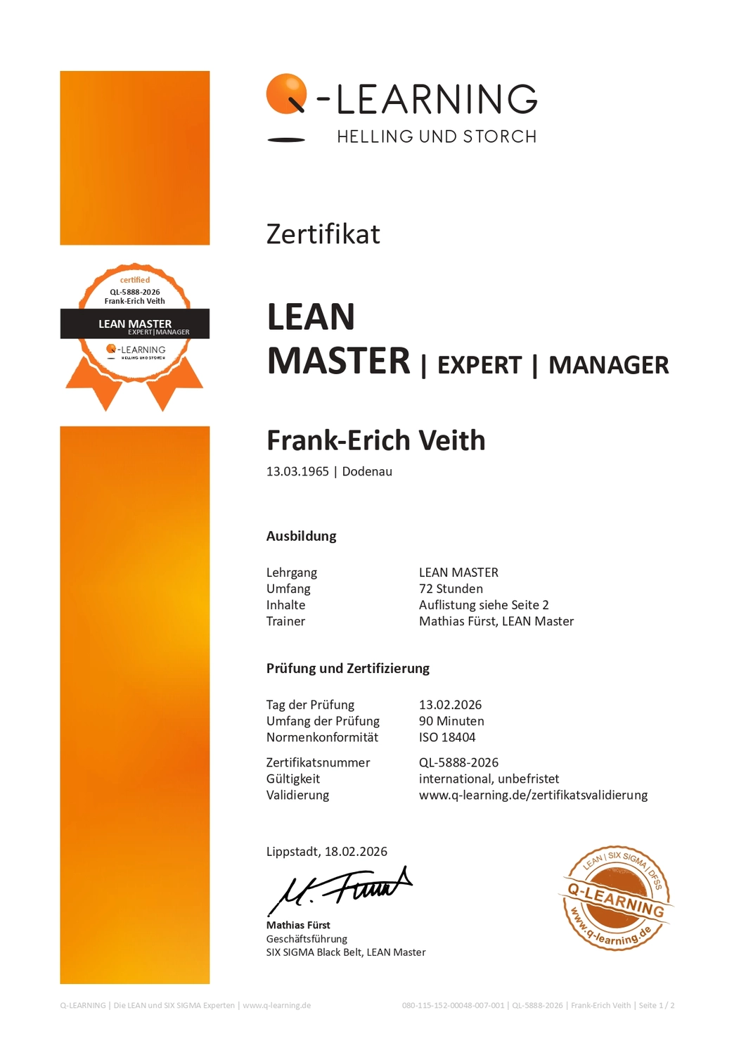 VEITH SCT – Industrie-Consulting – Zertifikat